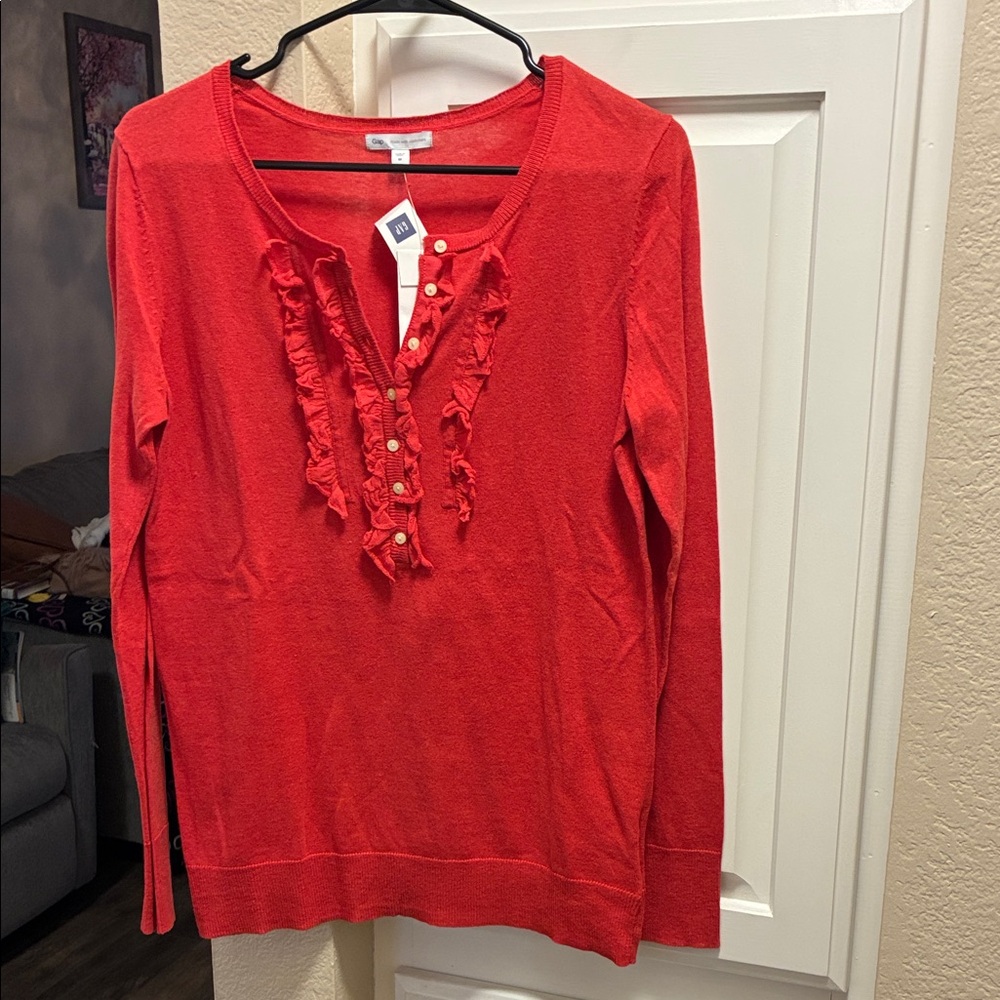 GAP dark orange coral ruffle front cashmere blend lightweight sweater NWT